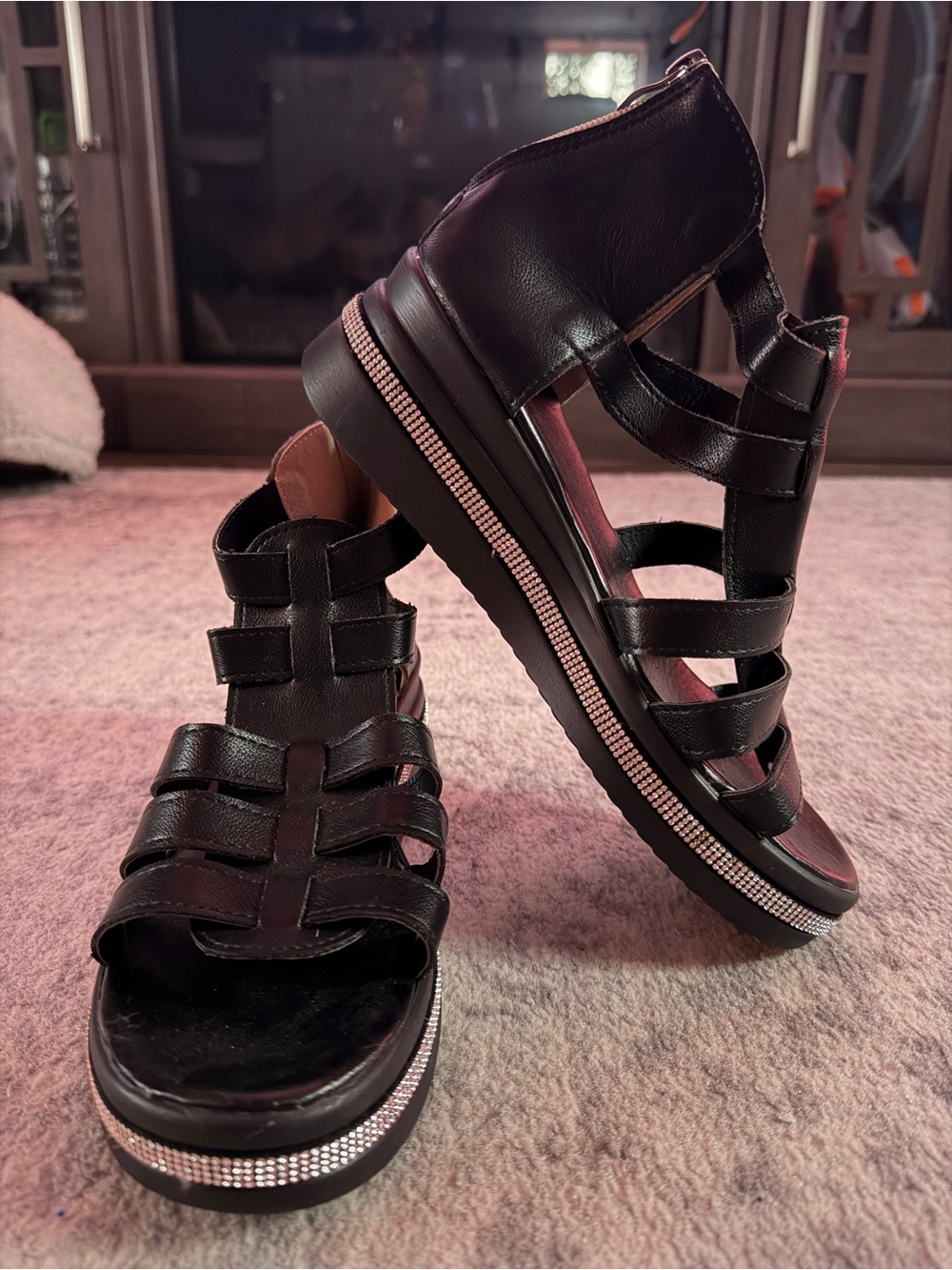Black Rhinestone Gladiator Platform Sandals Size 39